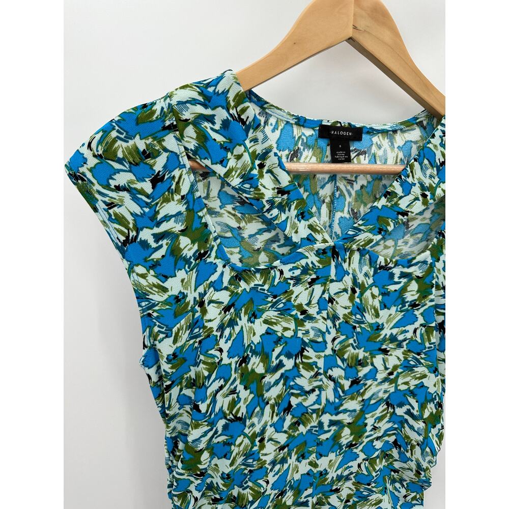 Halogen Blue Green Floral Cap Sleeve Ruched Waist Midi Dress HA469372MI Womens S - Picture 4 of 10